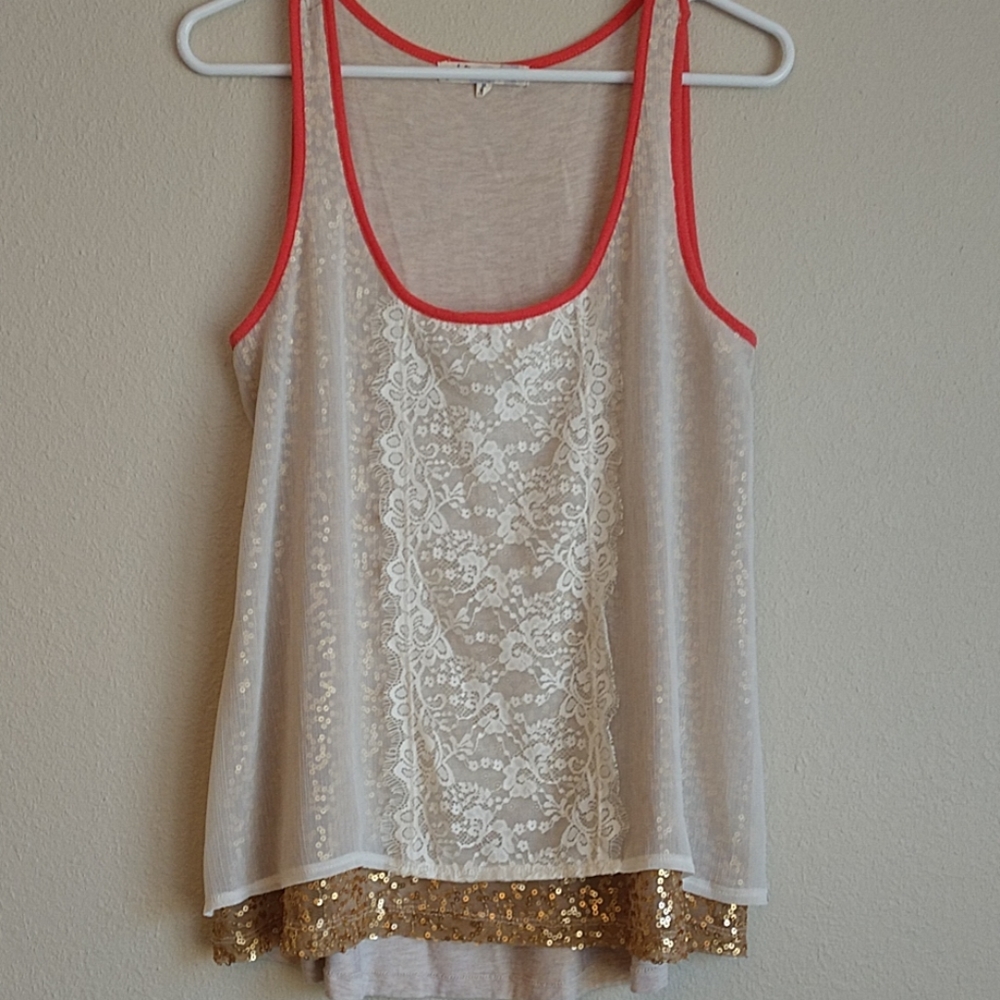 Eyelash Lace Over Gold Sequins Tank
